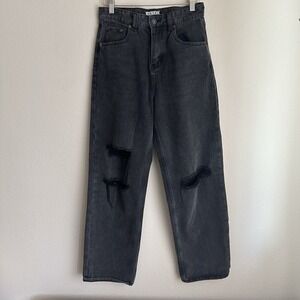 Motel Rocks Distressed Straight Leg Jeans 28x30 Black High Rise Ripped‎ Knee